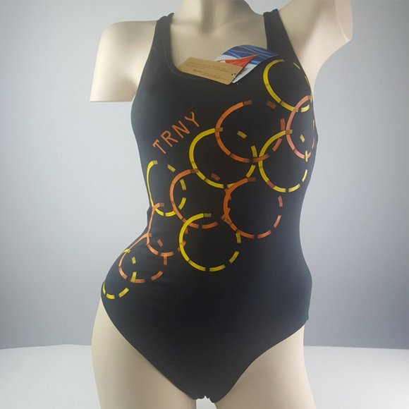 Swimsuit with Cap by Trinys Brazilian Made size M BLACK w/ circles pattern - Picture 2 of 12